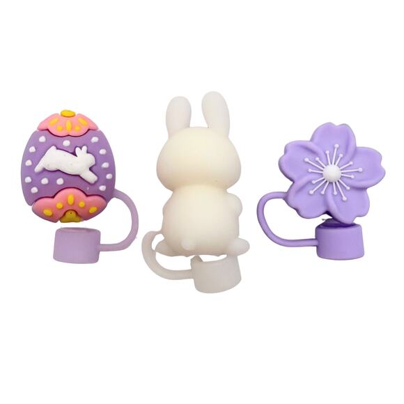 Easter Bunny Egg Blossom Silicone Straw Topper Covers Set of 3 Stocking Stuffers - Picture 3 of 3